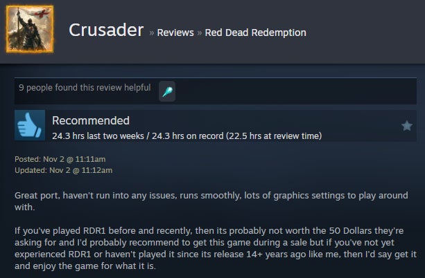 Image of the article titled Red Dead Redemption Remaster, as described in a Steam review